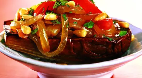 Eggplant with caramelized onions and pine nuts