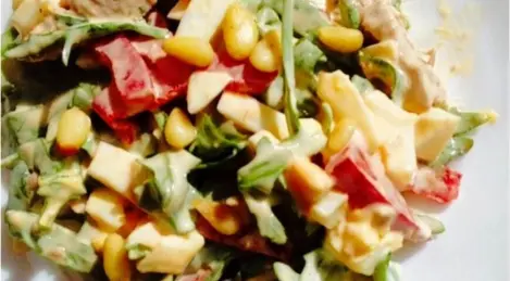 Salad with beef tongue, arugula and pine nuts