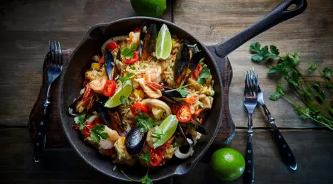 Paella with seafood and chicken