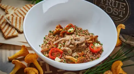Beef stroganoff with buckwheat and chanterelles