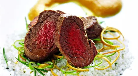 Beef fillet in salt breading with pumpkin puree