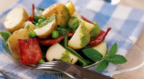 New potato salad with pancetta, beans and mint