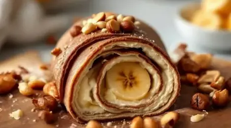 Chocolate pancake roll with cottage cheese and banana