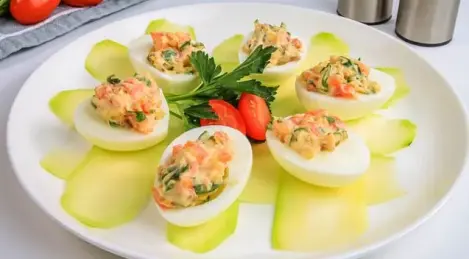 Eggs stuffed with pink salmon