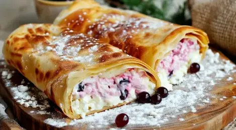 Delicate roll with cottage cheese and currants