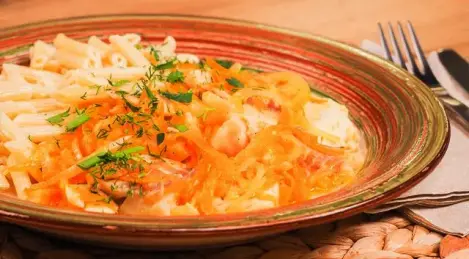 Fried pollock with garnish
