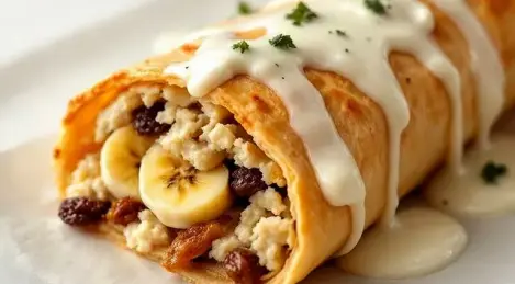 Sweet shawarma with cottage cheese, bananas and raisins