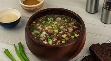 Okroshka with kvass and beef